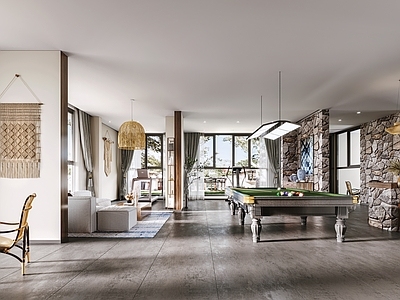 东南亚台球室 台球桌 吊灯 沙发 椅子