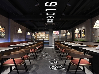 工业风餐厅 餐桌 餐椅 餐厅 串吧模型 烧烤店 主题餐厅 吊灯