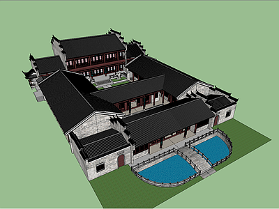 中式四合院 带水景花园