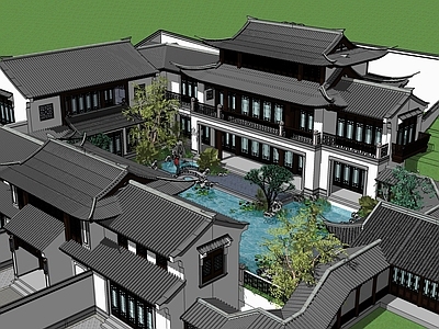 中式四合院 带水景花园