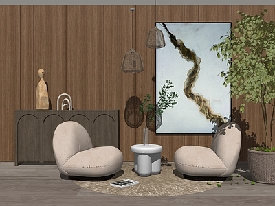 现代懒人沙发 植物 装饰画 吊灯 雕塑