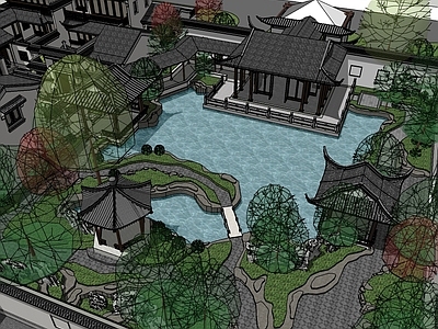 中式四合院 庭院 别墅 园林 带水景花园