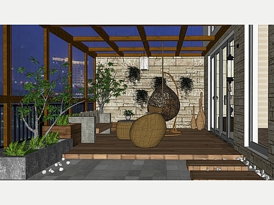 新中式花园阳台 藤编吊椅
