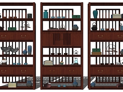 中式博古架 多宝阁 装饰架 古董 瓷器 茶壶