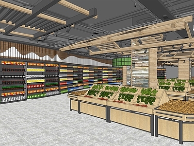 现代超市 蔬菜 保鲜柜 饮料零食 收银台 商场货架 水果 菜市场
