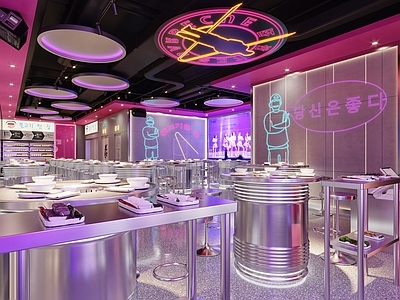现代韩式烤肉店 人物霓虹灯 音箱 大屏