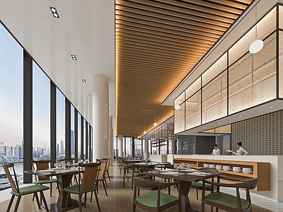 现代自助餐厅 酒店餐厅 餐桌椅 吧台 墙面装饰 吊灯