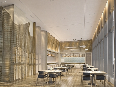 现代自助餐厅 酒店餐厅 餐桌椅 吧台 墙面装饰 吊灯 取餐台