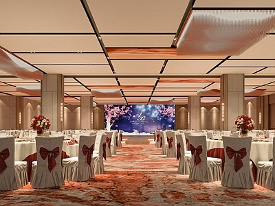 现代风格酒店宴会厅 餐桌椅 吊灯 挂画 背景墙 物件摆件 壁灯 大门