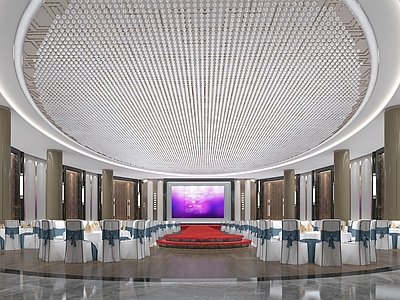 新中式风格酒店宴会厅 餐桌椅 吊灯 挂画 背景墙 物件摆件 壁灯 大门