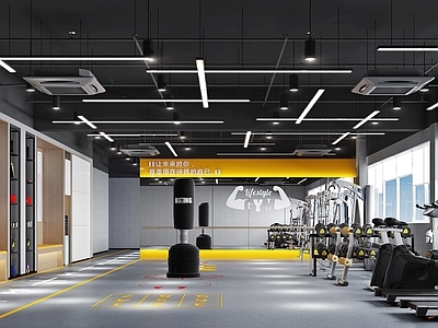 现代健身房 健身器材 吊灯 跑步机 墙画 公共空间