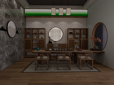 新中式茶馆 茶舍 包间 茶具 干景 吊灯