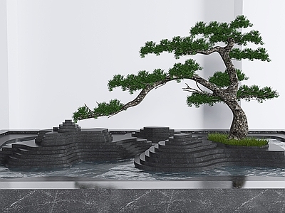 新中式假山水池景观小品 迎客松 造景树