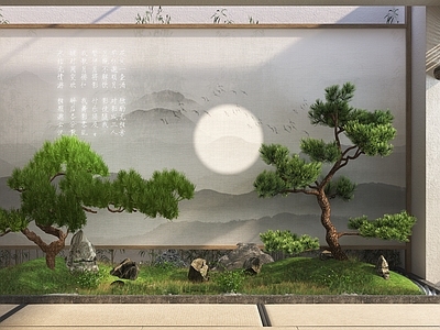 新中式景观小品 景墙 造景树
