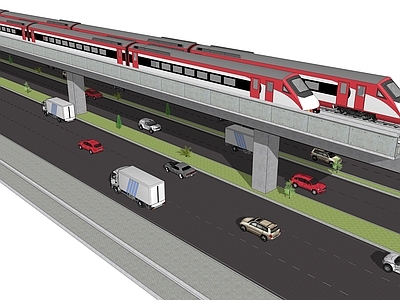 现代轨道车 高铁 高架桥 道路