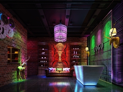 工业风酒吧前厅 ktv 清吧 接待台 吊灯 沙发 展示柜