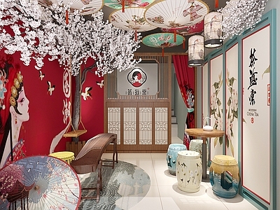 新中式奶茶咖啡店 油纸伞 鼓凳 古筝 樱花树 屏风 格子门 秋千 门帘 单层 休息区