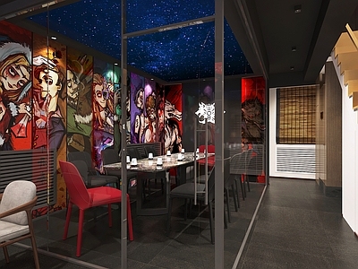 现代狼人杀主题房间 吧椅 玻璃 狼人狼头星空顶