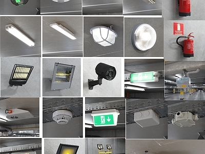 现代格栅灯 消防设备 烟雾报警器 管道 灭火器