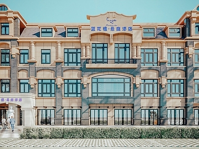 简欧别墅 外立面 酒店 门头 植物 树木 盆栽 花卉 人物  双拼别墅
