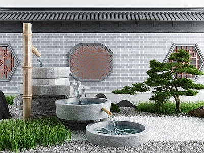 新中式假山山水 水景小品 景墙 造景树 水琴