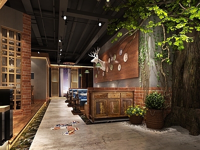 新中式火锅店 椅 植物 地砖 装饰墙饰 摆件