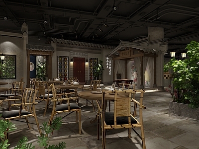 新中式火锅店 餐桌椅 植物贴图 桥架 大门 古筝