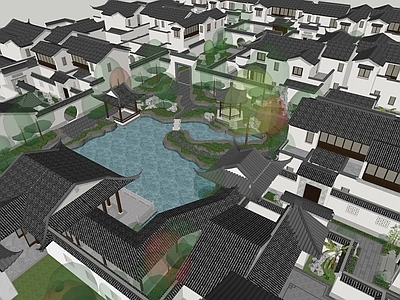 新中式四合院 带水景花园