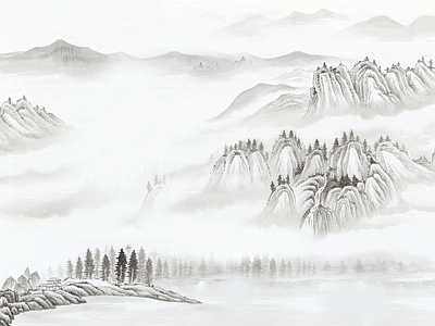 新中式简约山水背景墙壁画 中式壁画