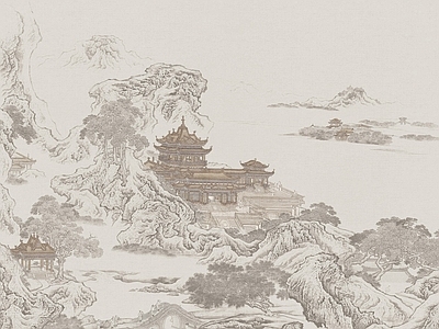 新中式高清背景墙壁画 亭台楼阁 中式壁画