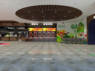 现代超市 服务台 购物车 零食堆 散称区 烟酒柜 收银台