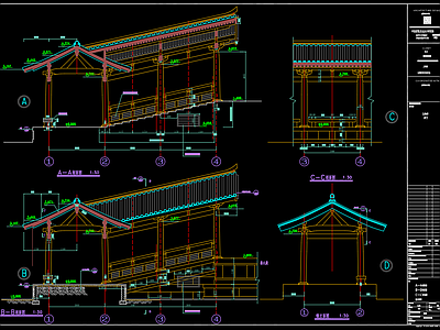 中式仿古建筑廊桥廊架廊子 施工图