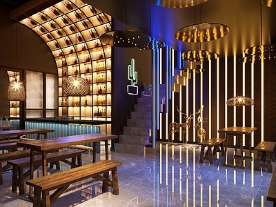 现代酒吧 霓虹灯 月亮灯 餐座椅 卫生间