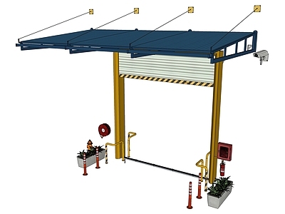 现代卷帘门 遮阳棚 花坛 消防栓 消防水管 灭火器