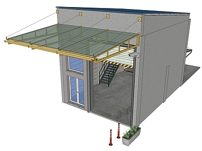 现代仓库 洗车店 铁艺楼梯 屋檐 遮阳棚 窗户 花坛 防撞柱 固定桩