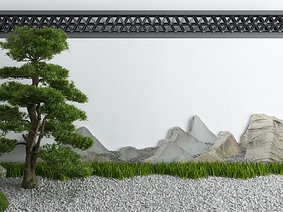新中式假山山水 松树
