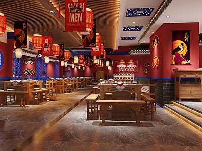 新中式火锅店 挂画 椅 边柜