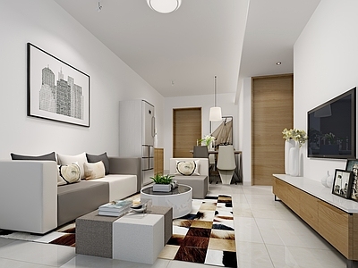 现代单身公寓 沙发 角几 柜 椅 吸顶灯
