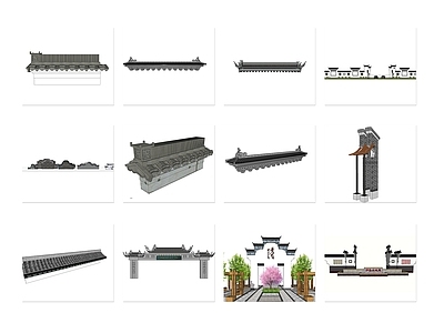 新中式建筑构件 景墙围墙 马头墙 徽派墙头 景观建筑 小品