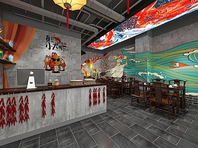 新中式快餐店 收银台 手绘墙 餐桌椅 吊灯