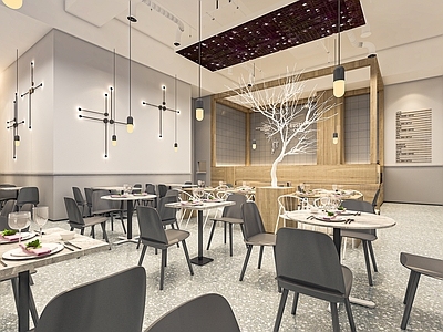 现代西餐厅 餐桌椅 前台收银台 壁灯 树