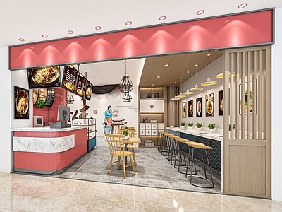 新中式面馆 国潮餐饮店 餐馆 收银台 点餐台 餐桌椅 吧椅吧台