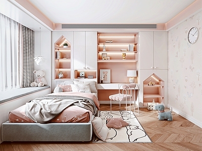 现代女孩儿童房 布艺床 书桌 书柜 椅子 装饰品 玩具 书籍 摆件 吊灯