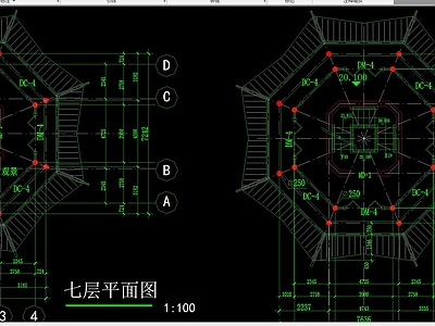 七层仿古佛塔建筑平面立面剖面大样施工图 古建