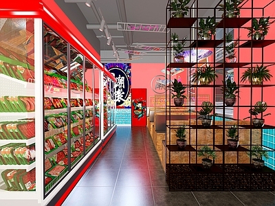 新中式国潮火锅店 烧烤店 吊灯 隔断 边柜 餐桌椅 绿植