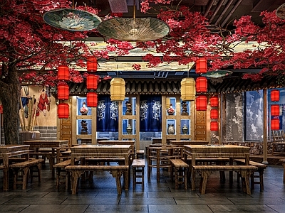新中式火锅店 串串火锅店 餐馆 饭店 椅 红色树 油纸伞