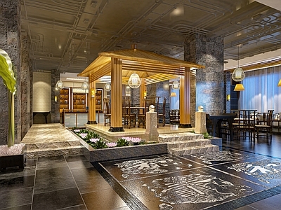 新中式火锅店 串串火锅店 餐馆 饭店 餐桌椅 亭子 地面浮雕砖