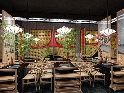新中式火锅店 串串火锅店 餐馆 饭店 餐桌椅 灯笼 竹子造型墙