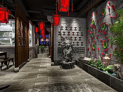新中式火锅店 串串火锅店 餐桌椅 灯笼 鱼儿流水景墙 关公雕塑
