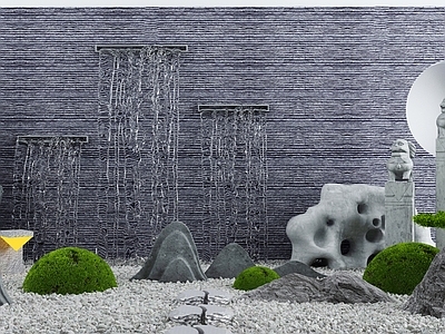 新中式假山水景 庭院景观 石头雕塑 景墙 造景树
